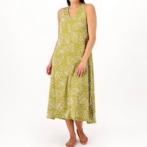 Cuddl Duds White Green Moss Palm V Neck Sleeveless Midi Dress Large Leaves Print